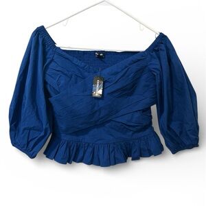 Express Blue Smocked Off-Shoulder Puff Sleeve Cropped Top Size Medium NWT